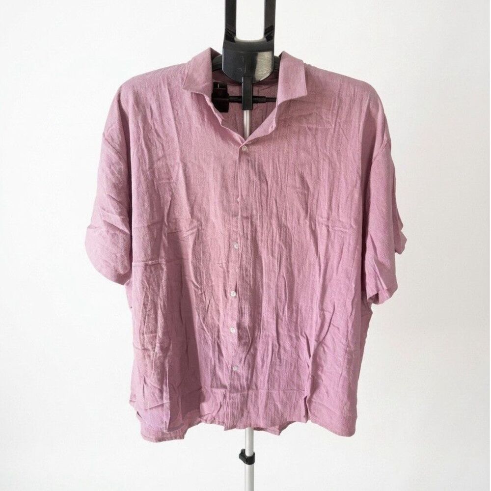 Vintage Style Pinkish Purple Linen Blend Short Sleeve Button Up Shirt Unisex 5XL